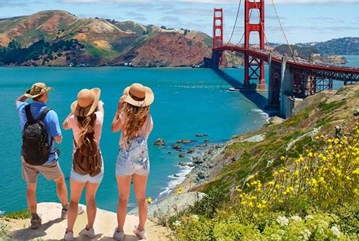 Image of three friends looking at the Golden Gate bridge